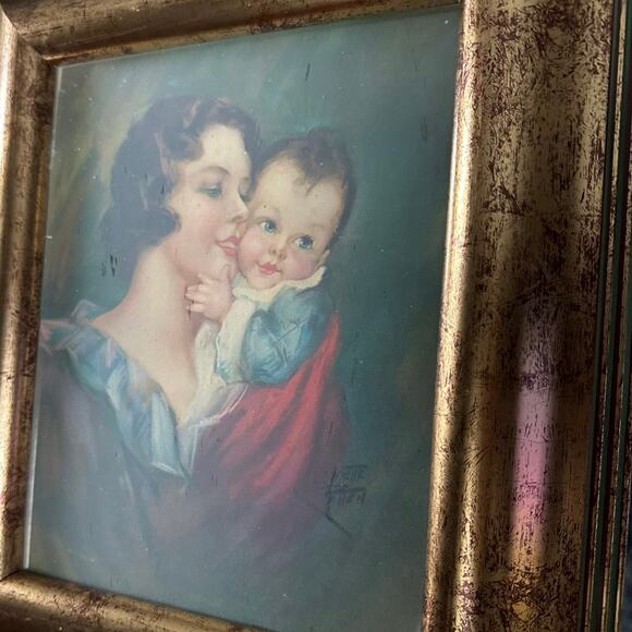 Moody 8x10 Gold Wood Inlay Scoop Edge Picture Frame Madonna Mother Baby Vintage - Picture 2 of 3